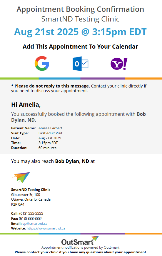 What does an appointment confirmation email look like - shows an appointment confirmation email sent to a patient.  The first of two emails that are sent.